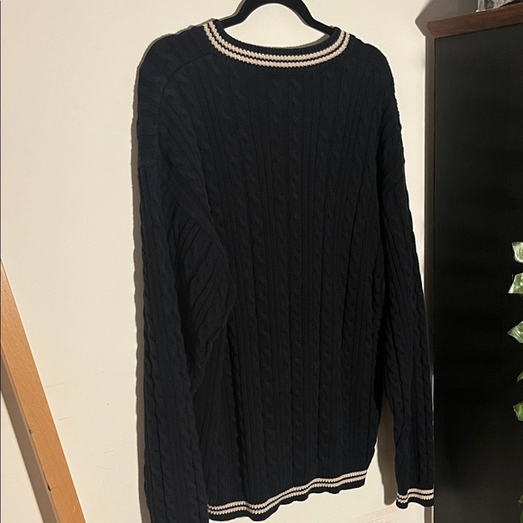 Cable Knit Navy Blue Sweater with White Trim - Picture 5 of 5